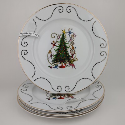 Set of 4 Dr Seuss How The Grinch Stole Christmas Tree Who Dinner Plates White