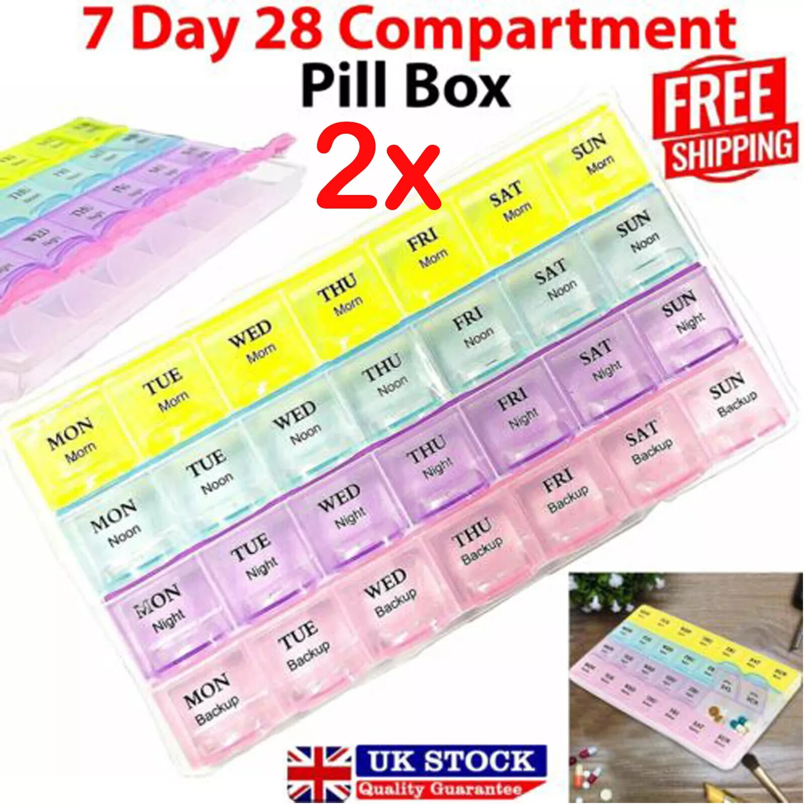 2X Pill Box Weekly 7 Day 28 Compartment Tablet Organiser Medicine Storage UK