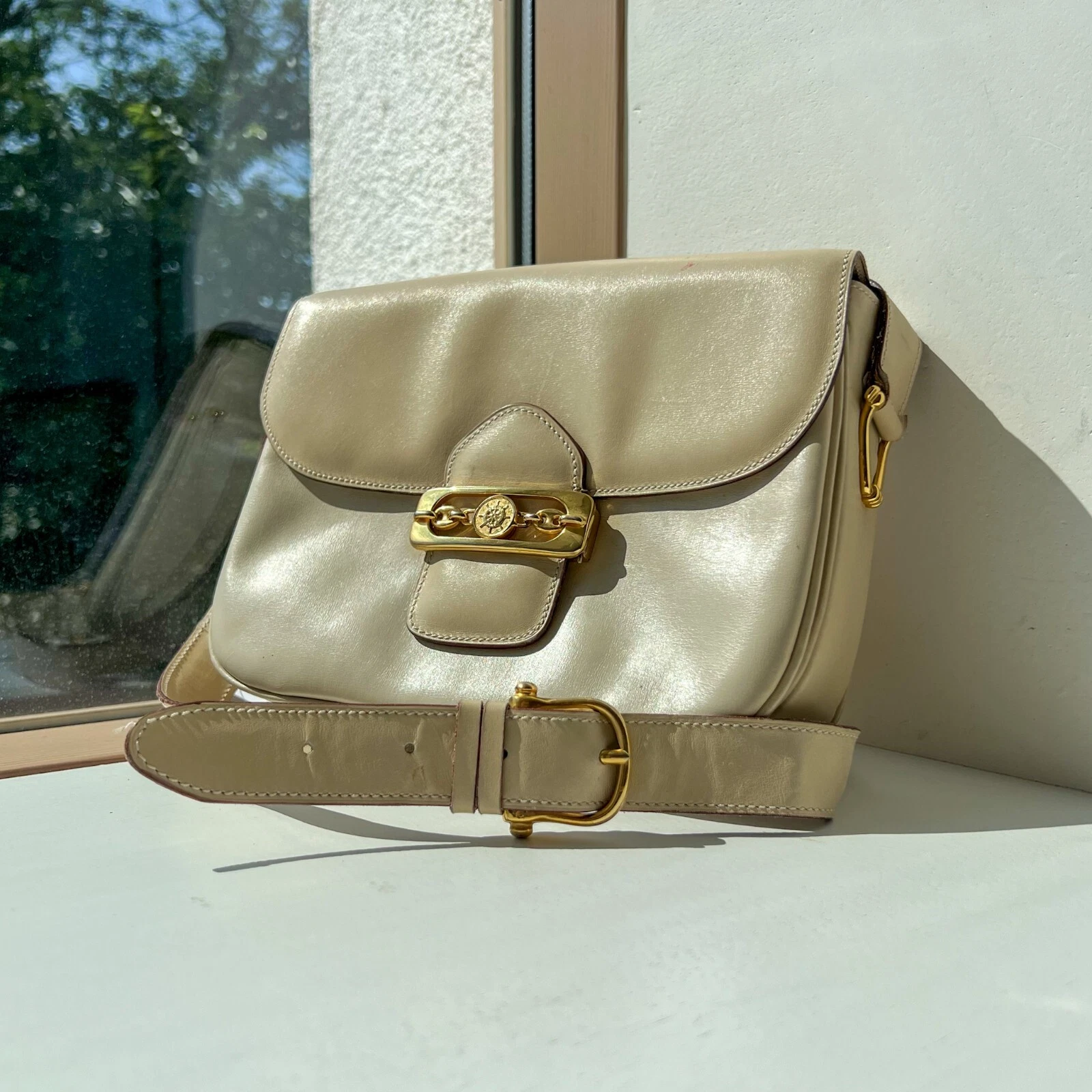 Vintage CELINE Ivory Leather Shoulder Bag Beige Helm Gold Buckle Authentic