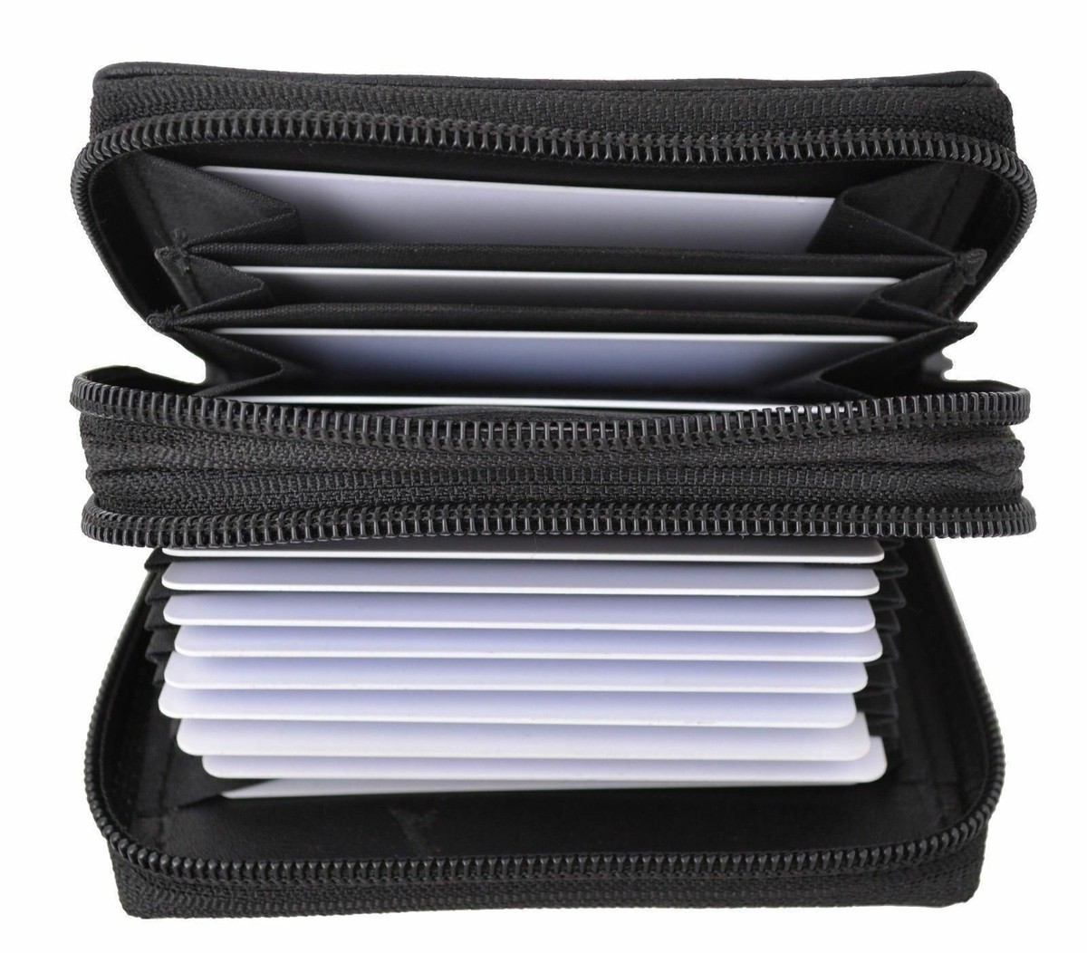New Black Solid Leather Accordion Wallet Zip Around ID