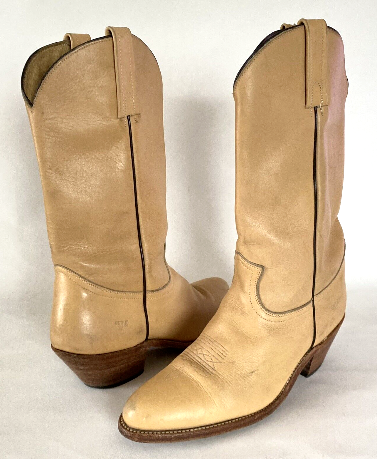 VTG FRYE Mens Cowboy Western Boots Sz 12 D Tan Leather Pull On Made in USA