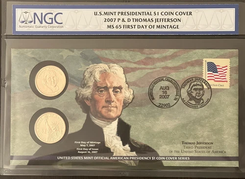 2007 P&D NGC MS65 THOMAS JEFFERSON U.S. MINT PRESIDENTIAL $1 COIN COVER **RARE**