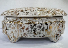 Vtg 24 K Gold Satuma Ware Type Jewelry Trinket Candy Dish Footed 7"x 5" x 3 VGC