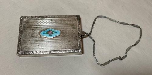 antique French guilloche enamel silverplate compact lipstic carry case box