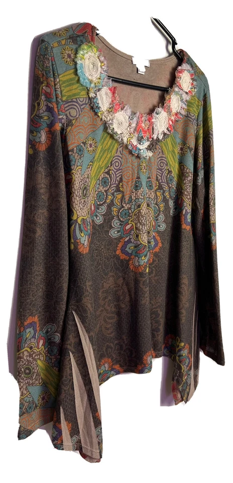 DB SPORT Art To Wear Suéter Túnica Serigrafía Rosetas de Flores Talla XL Lagenlook Foto 3 de 4