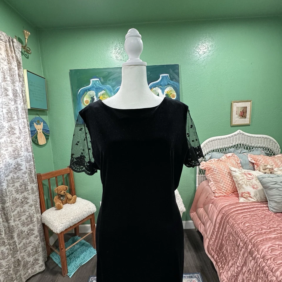 Vintage Evening Gown Black Velvet Lace Ballroom Dance Prom Party Formal Size 16 - Image 2 of 4