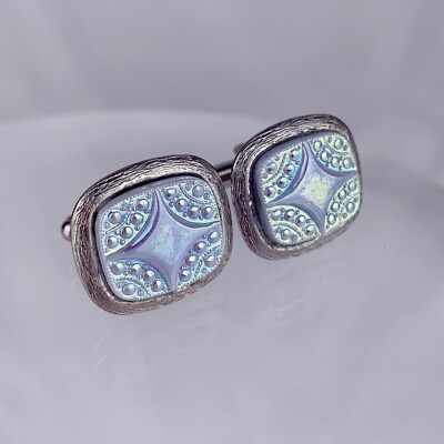 Light Blue Iridescent Lucite Silver Tone Cufflinks Acrylic Diamond Star VTG L1