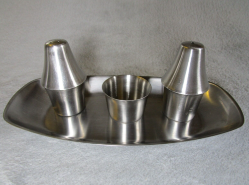 Lovely Vintage Viners Stainless Steel Cone Shape Salt Pepper Mustard Pots & Tray - Picture 1 of 10