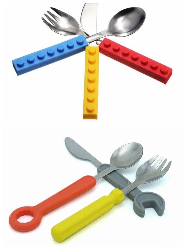 Silicone Building Block Kids Utensil Child Funny Tool Like Spoon Fork Knife  Sets