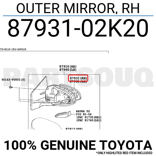 8793102K20 Genuine Toyota OUTER MIRROR, RH 87931-02K20 | eBay