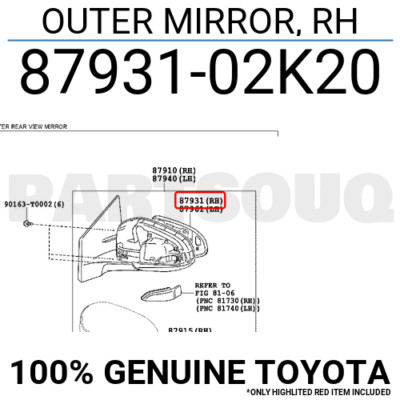 8793102K20 Genuine Toyota OUTER MIRROR, RH 87931-02K20 | eBay