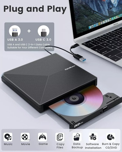 PeroBuno Externes CD DVD +/-RW Laufwerk USB 3.0 USB C Tragbarer CD/DVD Player Brenner - Bild 4 von 8