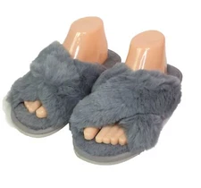 Fashion Womens Open Toe Fuzzy House Slipper Slides Gray Indoor Outdoor Size 7-8
