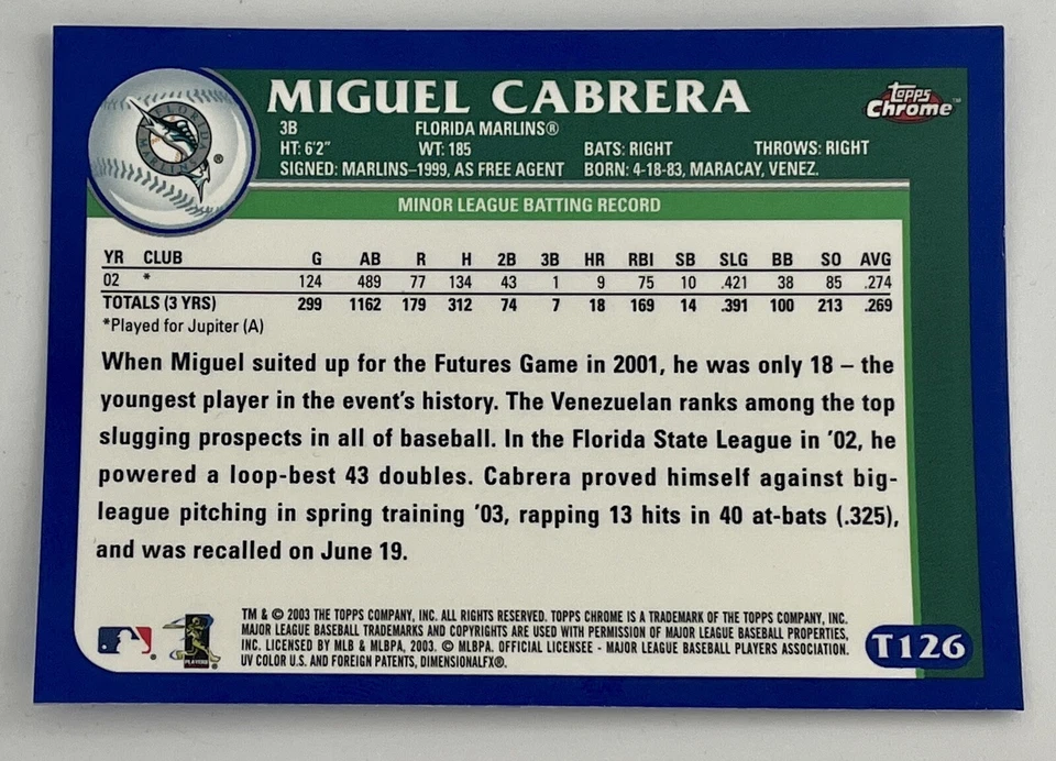 MIGUEL CABRERA 2003 Topps Traded Chrome Prospect Baseball #T126 Florida Marlins - Image 2 of 2