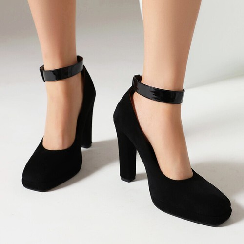Women Mary Jane Shoes Block High Heel Square Toe Faux Velvet Party Ankle  Strap | eBay