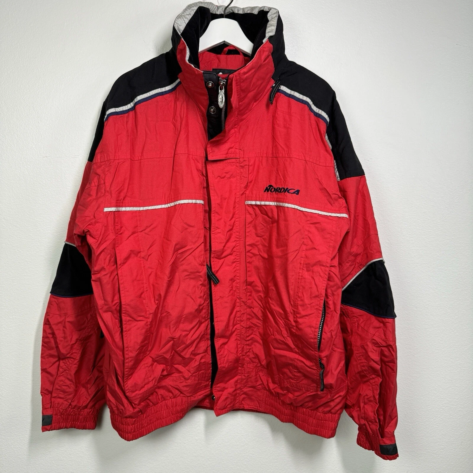 Vintage NORDICA Ski Jacket Mens Large Red Snowboard Vertech Zip Collar Hood 1998