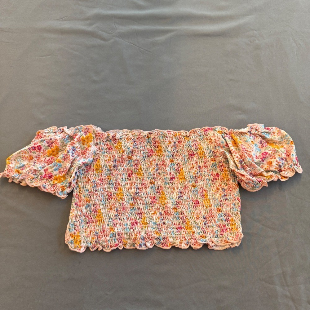 Hey! Womens Smocked Off The Shoulder Floral Crop Top Puff Sleeve Pink Blue Small