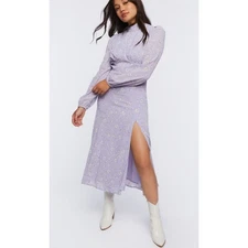 Lilac Lavender Ditsy Floral High Neck Victorian Open Back Boho Empire Maxi Dress