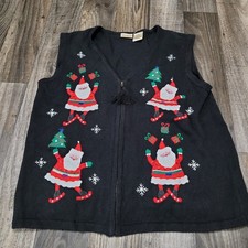 VTG Bobbie Brooks Ugly Christmas Black Sweater Holiday Santa Vest Sz XL