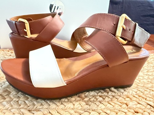 FENDI Two-tone Brown White Leather Platform Wedge Sandals Designer Clean 9/39