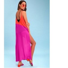 Women’s Sleeveless Maxi Dress Sheer Cover Up Orange Pink Colorblock V-Neck Slit