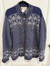 Norm Thompson Cotton Cardigan Sweater Jacket Blue 3X Nordic Print Metal Clasp