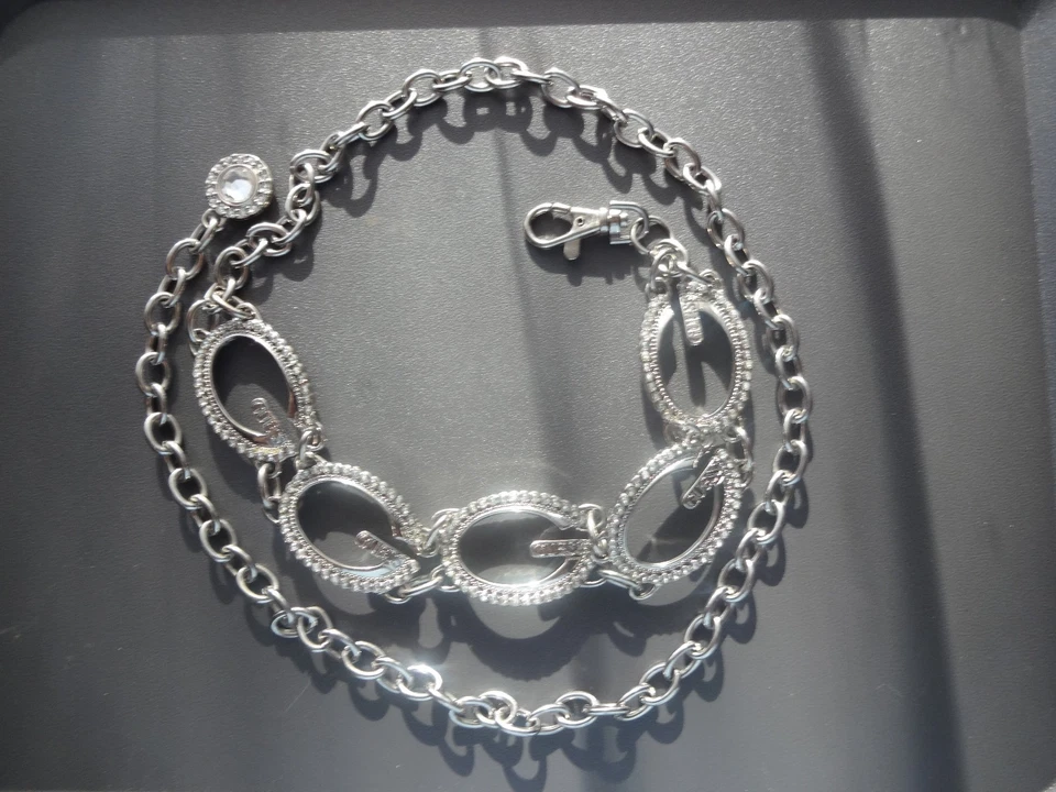 Vtg Guess Silver-tone Logomania With Crystals Logo Chain Heavy Metal Belt 30-36" - Image 4 of 4