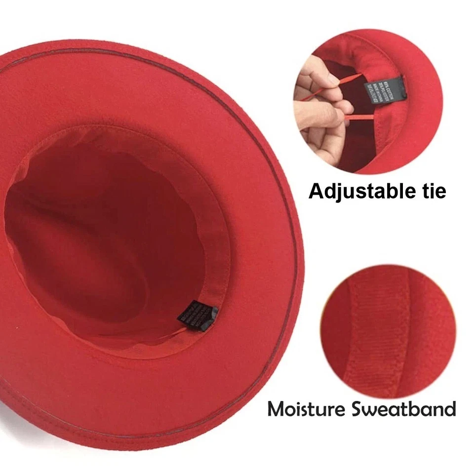 Sombrero Fedora Ala Ancha Rojo Fieltro Panamá Jazz Gorra Unisex Hombres Mujeres, Correa Turquesa Foto 4 de 4