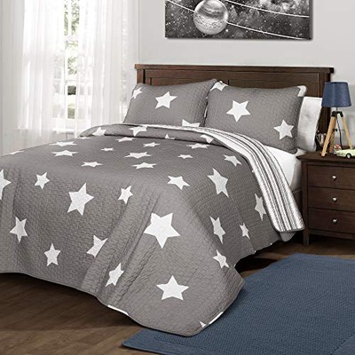  Star Quilt - Reversible 2 Piece Pattern Striped Bedding Set with Twin Gray