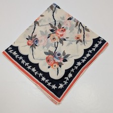 Vintage Floral Handkerchief Scarf Bandana Roses Navy Border Red Trim