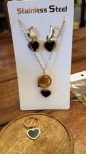 Necklace Earings Ring Heart inspired Gold Set Stainless Steel Jewelry