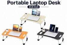 Portable Folding Laptop Desk 23.6" Wood Bed Tray Table Cup Holder Black Foldable