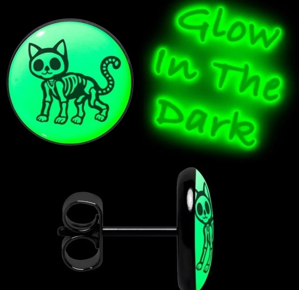 Aretes Esqueleto Gatito Gato Negro Brilla en la Oscuridad de Onyx O. Foto 3 de 4