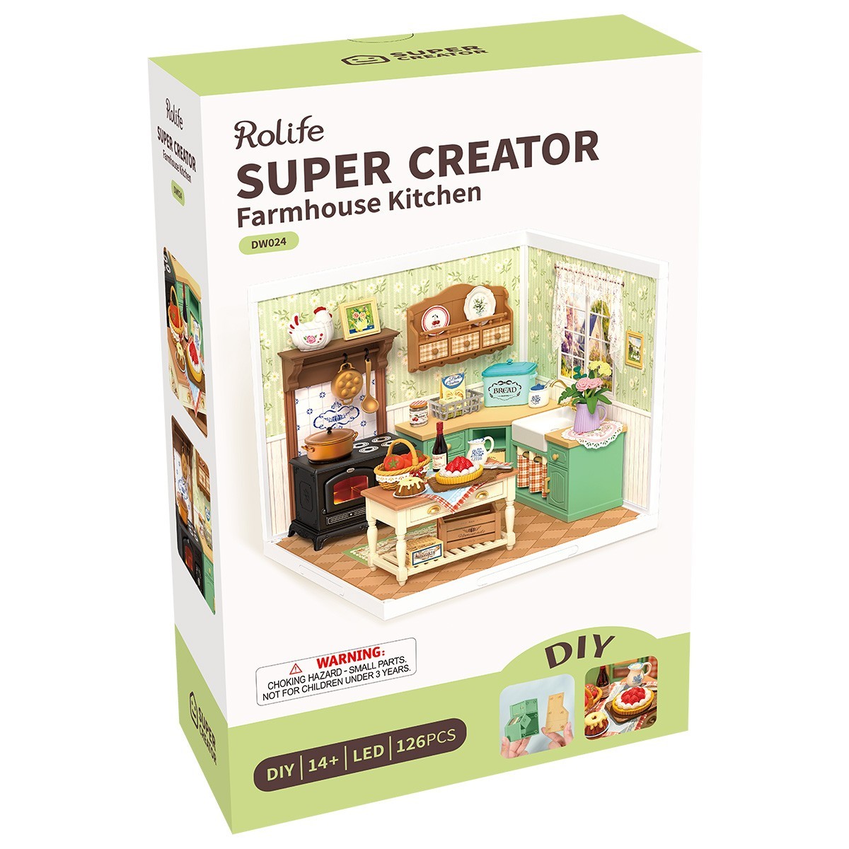 Rolife Farmhouse Kitchen DIY Miniature House Doll House Kit With Furniture LED