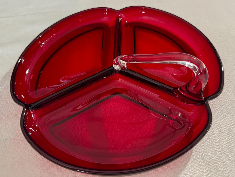 Vintage Glass Ruby Red 3 Part Divided Serving Tray Dish   - Image 3 of 4