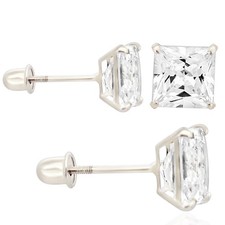 14K Solid White Gold Screw Back Stud Earrings with Clear Square Cubic Zirconia
