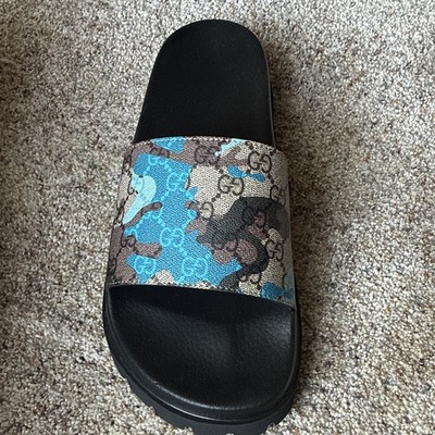 Gucci Men s GG Monogram Logo Slide Sandals Leather Black/Blue/Brown Sz 13