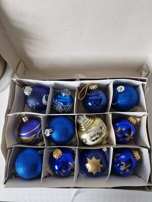 Vintage Weihnachtsbaum Blasen x12 blau gold Kunststoff Glitzer verschiedene Größen verpackt