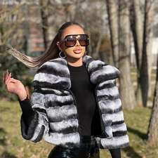 Women Real Rex Rabbit Fur Coats Natural Chinchilla Fur Jackets Thick Overcoat