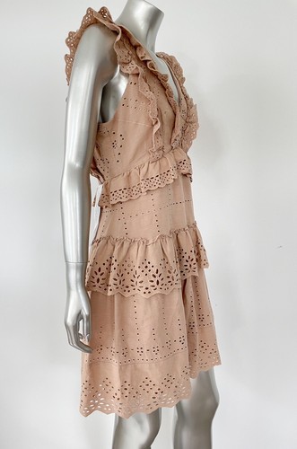 Vestido para mujer BCBG Max Azria mezcla de lino 8 rubor arcilla con volantes mini rosa desnudo nuevo con etiquetas - Imagen 2 de 14