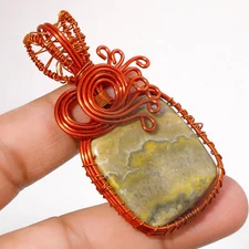 Bumblebee Jasper Gemstone Copper Pendant Handcrafted Wire Wrap Jewelry 2.4" h081
