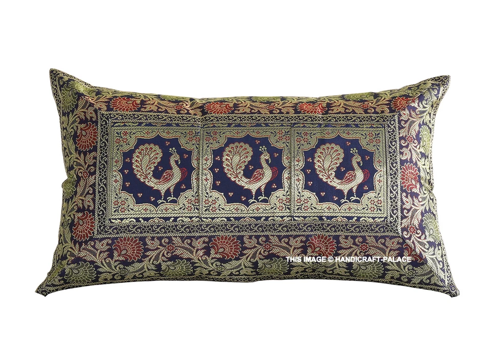 Indian Pillow Case Peacock Brocade Silk Mandala Blue Cushion Cover Throw 12X20" - Image 3 of 4