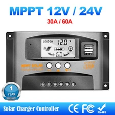 30A/60A MPPT Solar Panel Battery Charge Controller 12V/24V Regulator Dual USB US