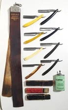 Vintage Straight Razor Lot Of 8 & Dubl Duck Moscow Shell Leather Honing Strop