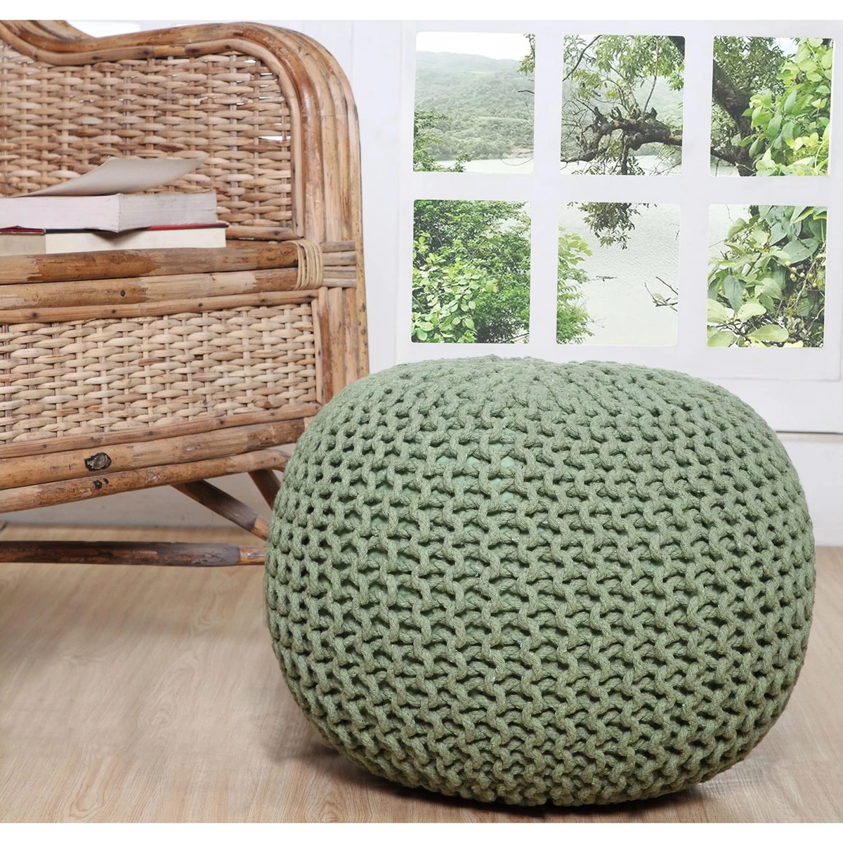 Aanny Designs JJS01158 Lychee Cotton Knit Pouf Ottoman Sage Green