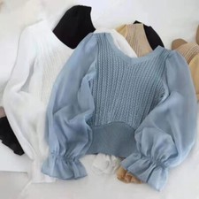 Women Short Knit Sweater Jumper Chiffon Pullover Knitwear V-neck Puff Sleeve