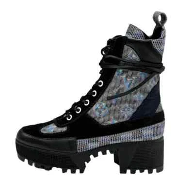 LOUIS VUITTON SC0169 Bottines Lacets Cuir Suède 34.5 Noir Bleu Auth - Photo 1/4