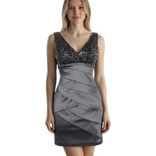 Black Gray Cocktail Dress Size 6 Shutter Pleat Satin & Sequin Formal Event Party
