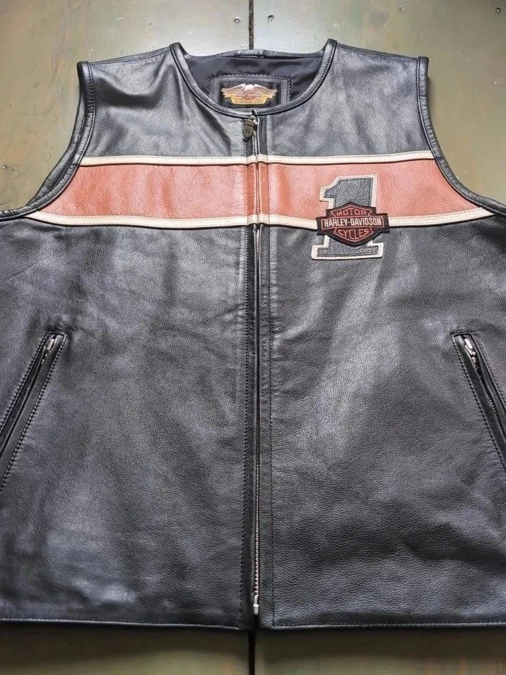 Harley-Davidson Men’s Victory Lane #1 Stripe Leather Motorcycle Biker Vest