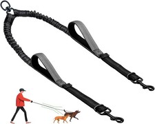 Grey Double Dog Leash No Tangle Coupler Adjustable Bungee Lead